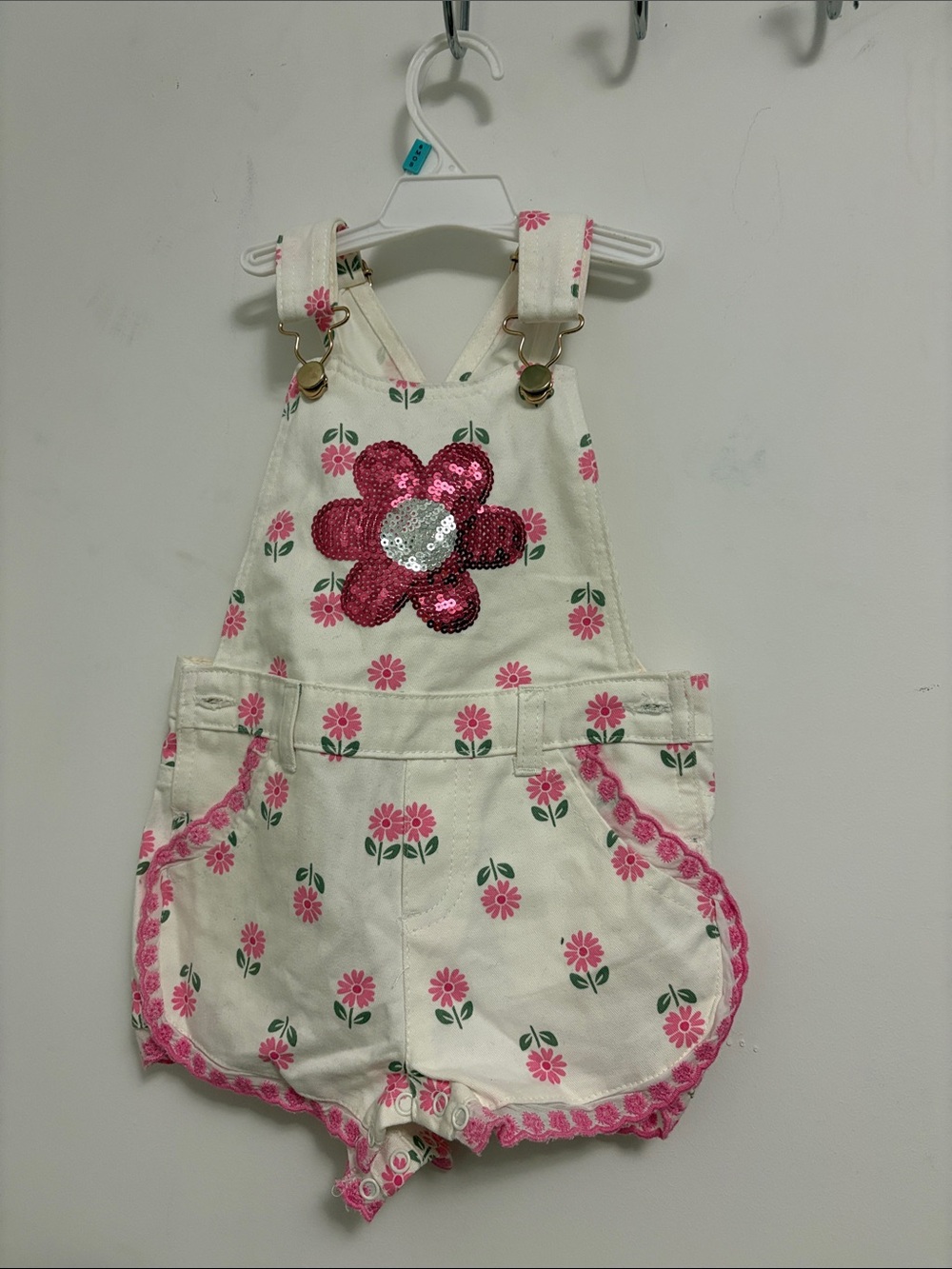 Cream Floral Sequin Flower Shortall Overalls for Kids